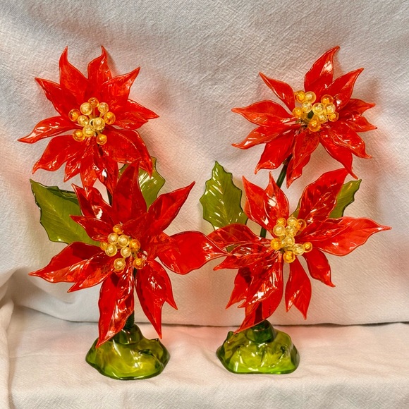 Vintage 60's Lucite Christmas Poinsettias Pair Red Green Glows C.K. Industries - Picture 2 of 12